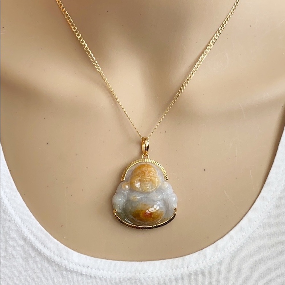 14K Solid Real Gold Laughing Buddha Jade Pendant